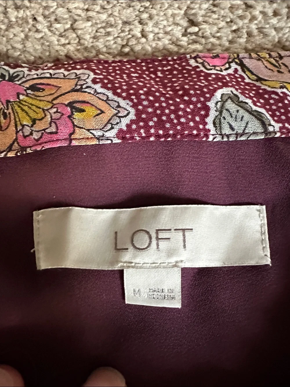 LOFT Burgundy Floral Square-Neck Puff Sleeve Blouse